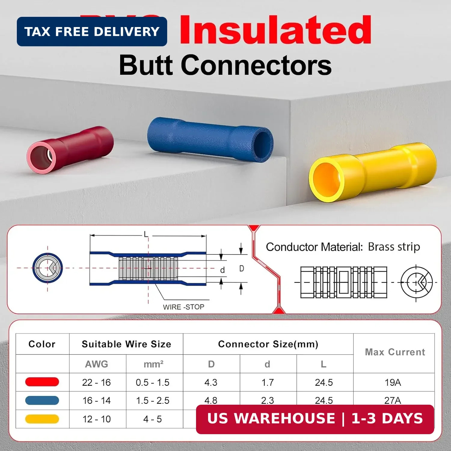 AIRIC UL Listed Red Butt Connectors Crimp Splice Terminals 100 pcs 22-16 AWG Ele