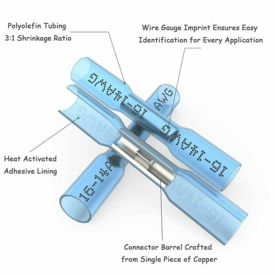 Marine 100~pcs 16-14 AWG Blue Heat Shrink Adhesive Glue Butt Wire Connector
