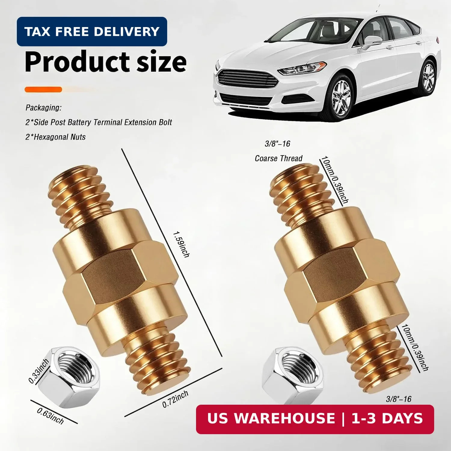 2 Set Brass Side Post Battery Terminals Adapter with Nuts,3/8″-16 Coarse Side Po