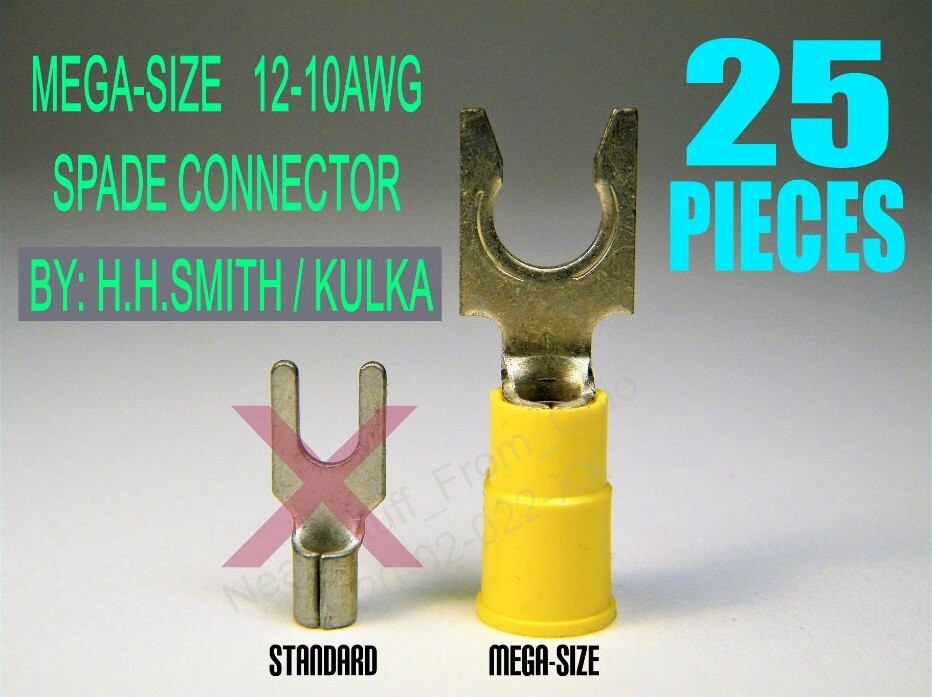 FORK TONGUE CRIMP CONNECTOR, 12-10 AWG, YELLOW, MEGA-SIZE FOR LARGE SCREW / POST