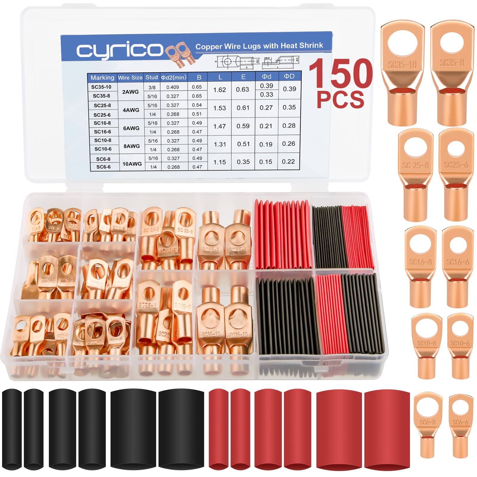 150Pcs Battery Cable Ends, Copper Wire Lugs Assortment Kit AWG 2 4 6 8 10 Gauge