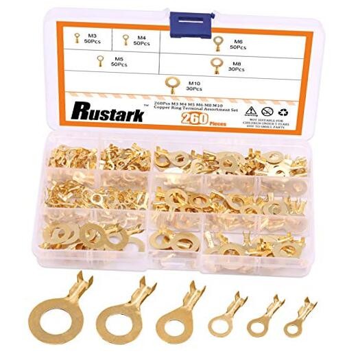 260 Pcs Open Barrel Wire Crimp, M3 M4 M5 M6 M8 M10 Non-Insulated O Type-Gold