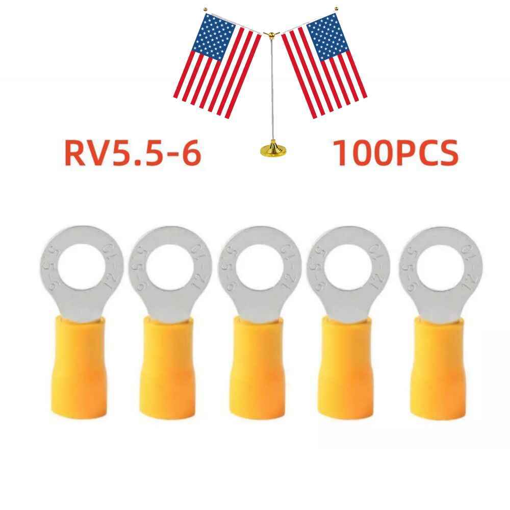 100Pcs RV5.5-6 Yellow Ring insulated Terminal 1/4″ Cable Wire Connectors