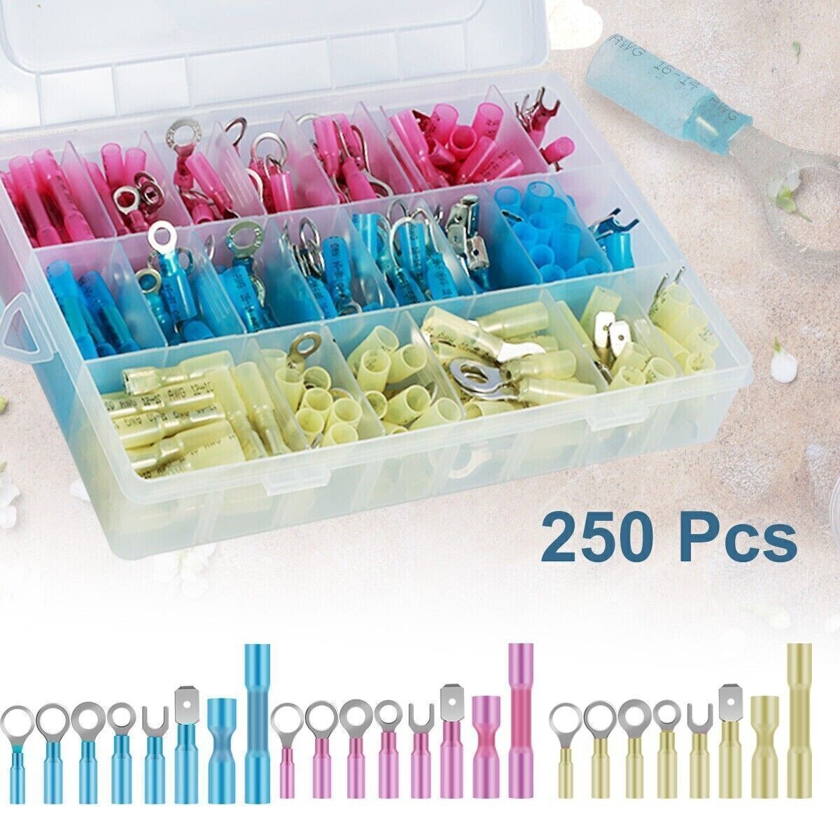250x Heat Shrink Wire Connectors Electrical Ring Fork Spade Crimp Terminals Kit