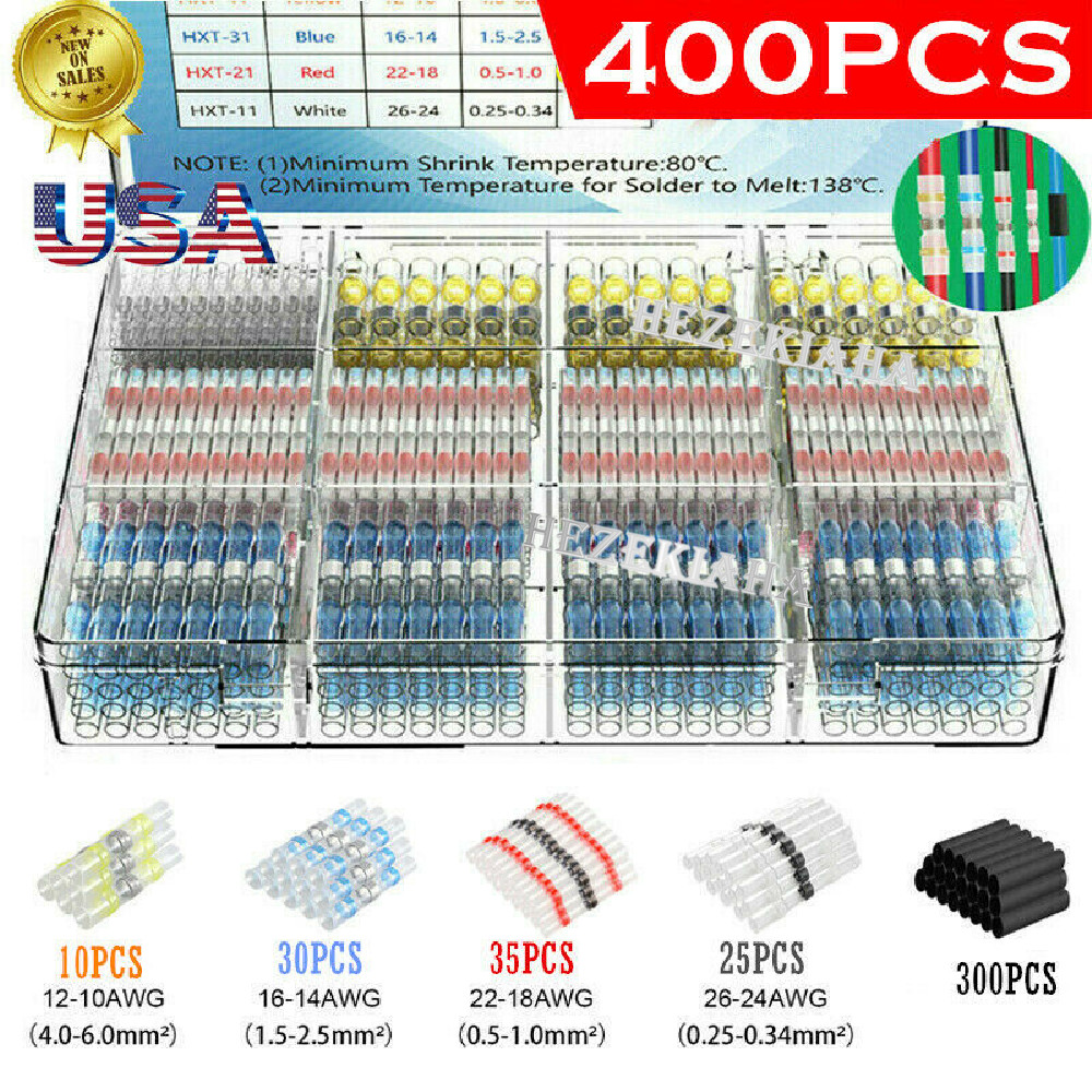 400PCS Waterproof Solder Seal Heat Shrink Wire Butt Terminal Connectors Kit Set