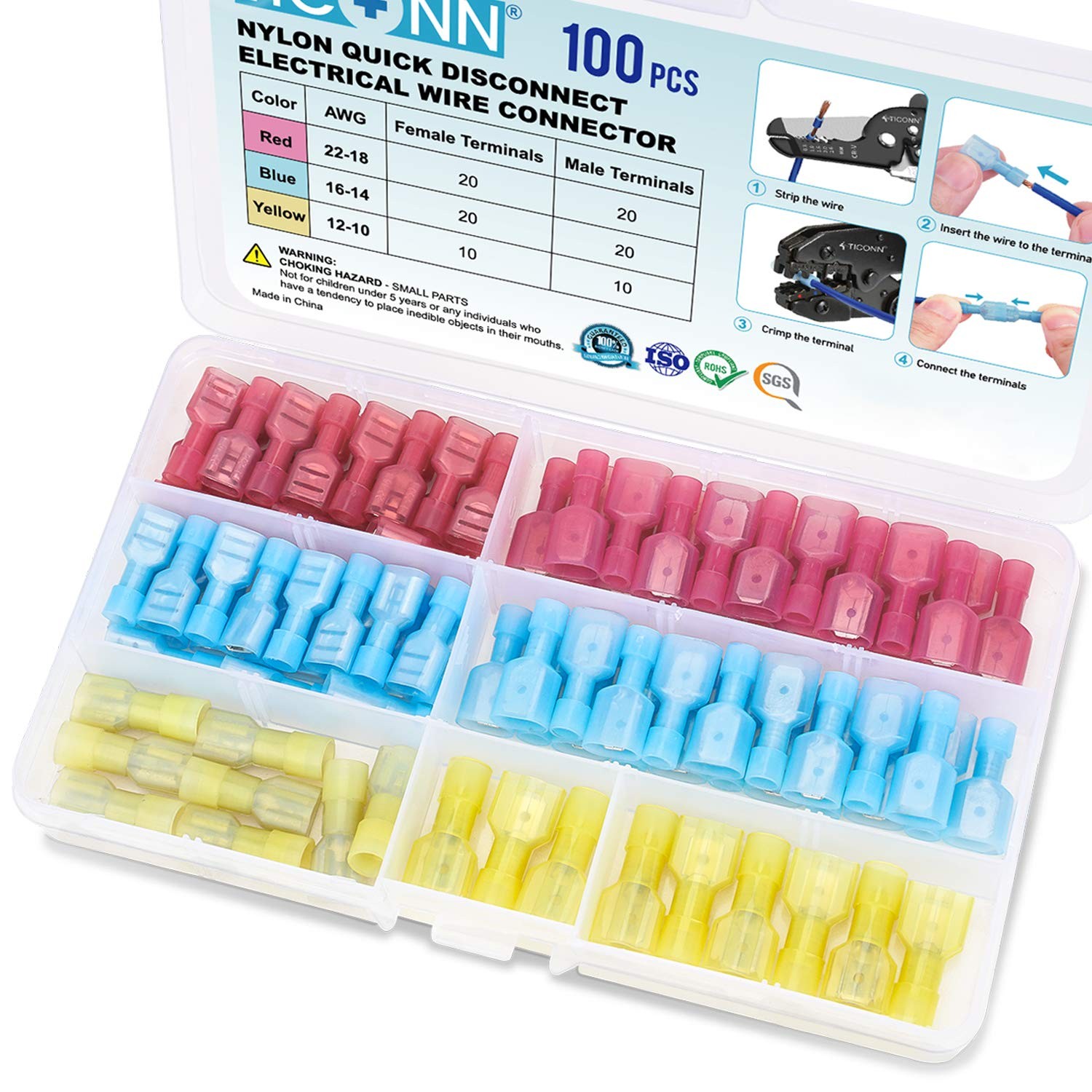 TICONN 100 Pcs Nylon Spade Quick Disconnect 100 Pcs, red, blue, yellow