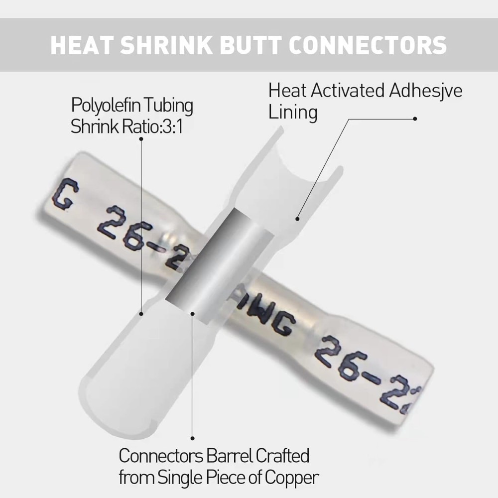 26-10 AWG Heat Shrink Wire Connectors Splice Crimp Butt Terminals Kit Waterproof