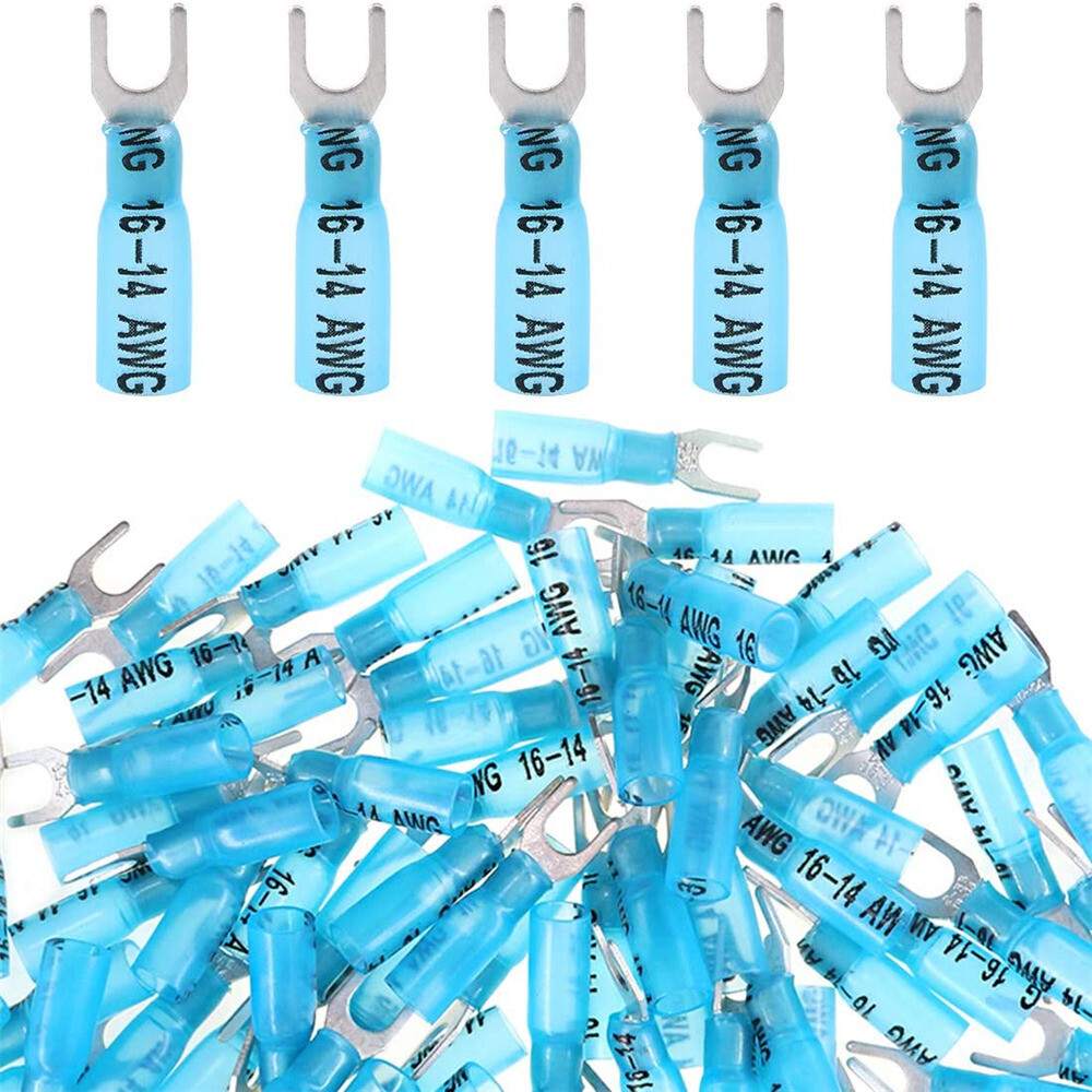 50PCS Blue16-14 AWG Heat Shrink Fork Shaped Terminals Wire Connectors #10