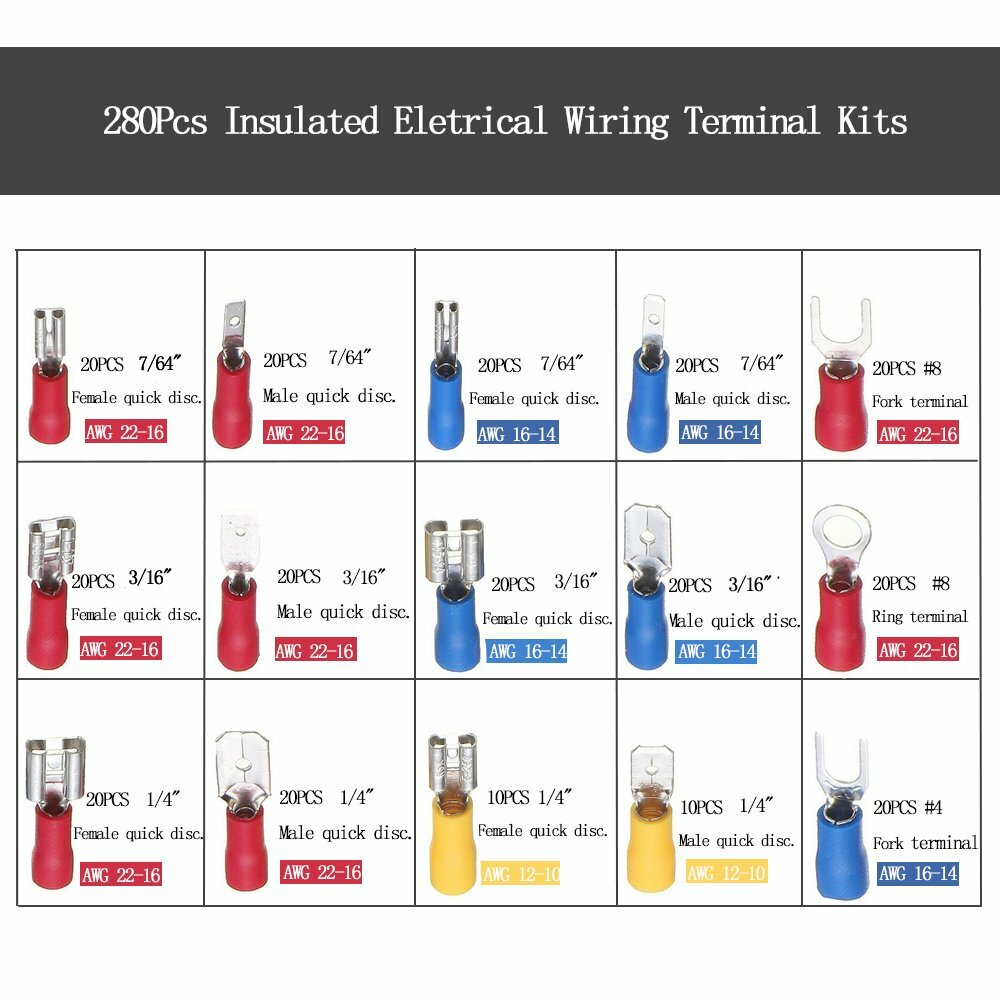 280PCS Insulated Electrical Wire Splice Terminal Spade/Crimp/Ring Connector Kit