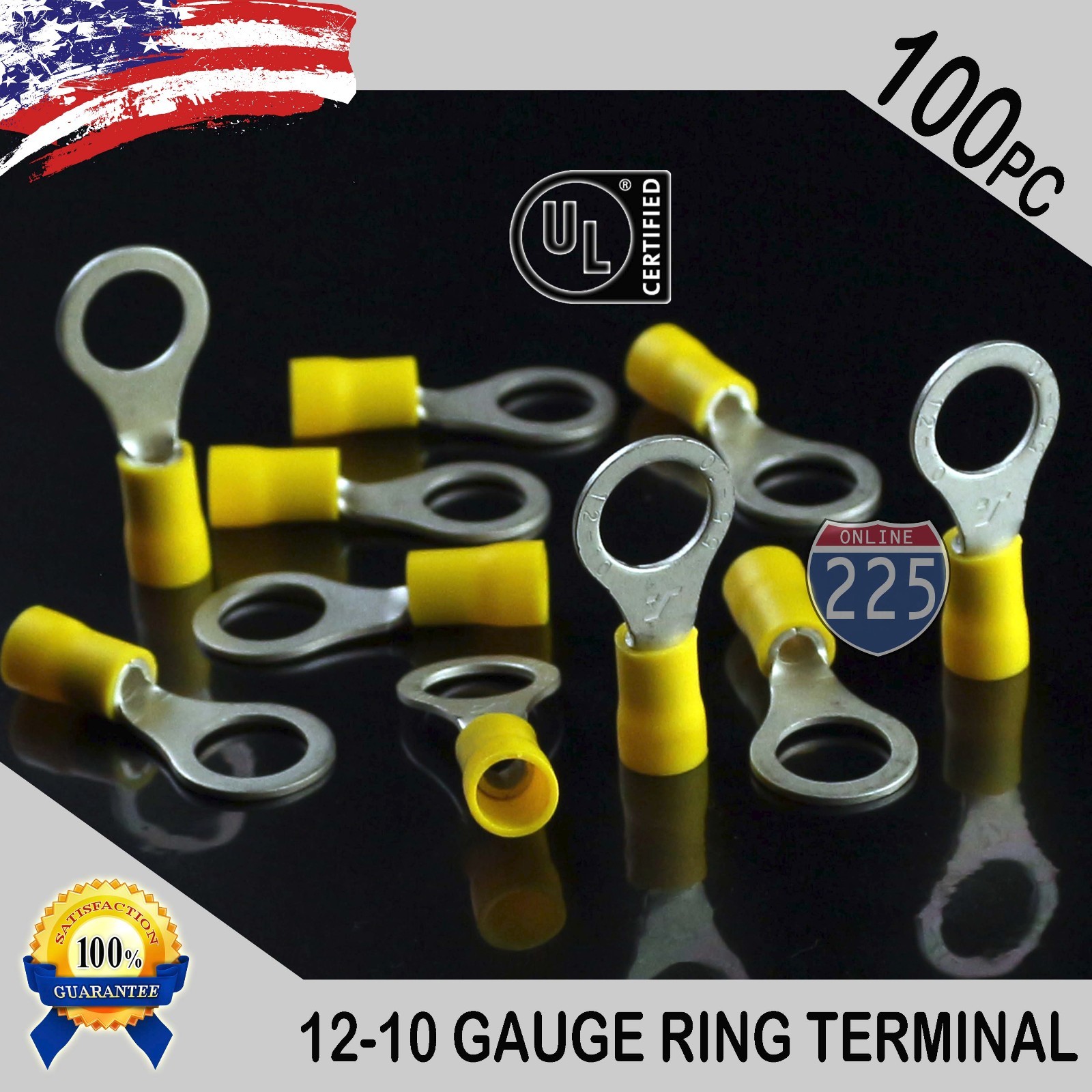 100 PACK 12-10 Gauge 3/8″ Stud Insulated Vinyl Ring Terminals Tin Copper Core US
