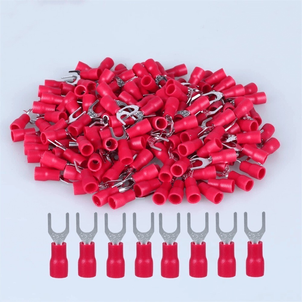 200pcs RED FORK SPADE TERMINAL 22-16GA #8 VINYL INSULATED CRIMP WIRE CONNECTOR