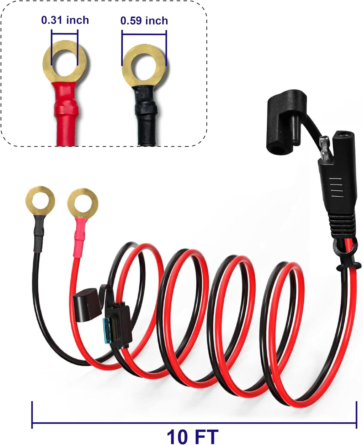 10AWG 10FT Charger Cable, SAE to O Ring Terminal Quick Disconnect Harness, 2 Pin