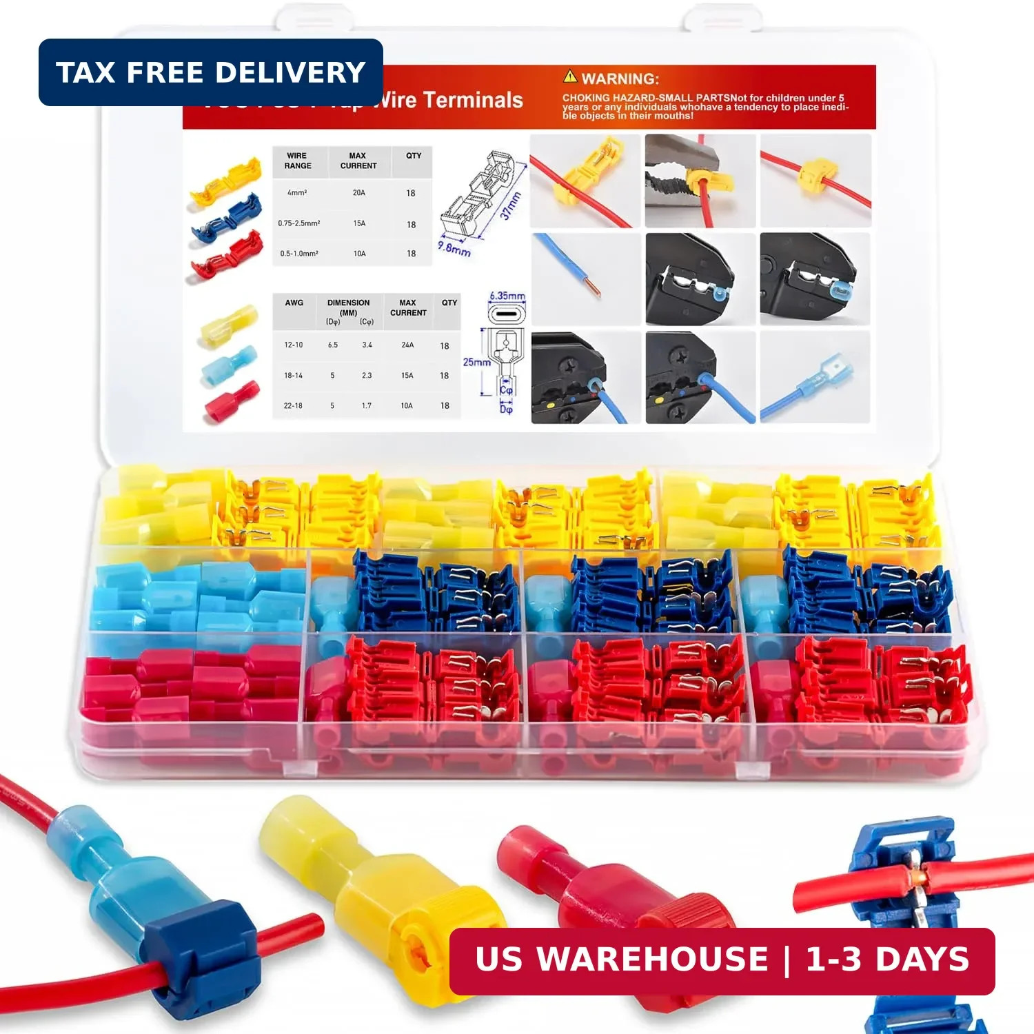 108 Pcs T-Tap Wire Connectors Kit Quick Splice Stripping Electrical (22-10 AWG)