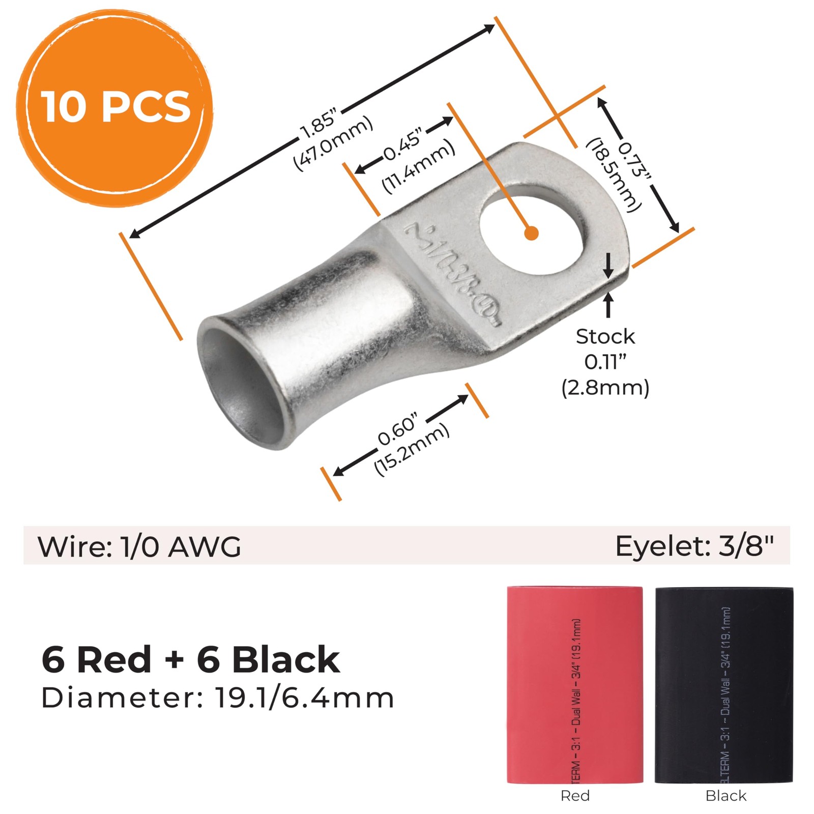 SELTERM 10pcs, 1/0 Awg, 3/8″ Stud Marine Grade Tinned Copper Battery Lugs