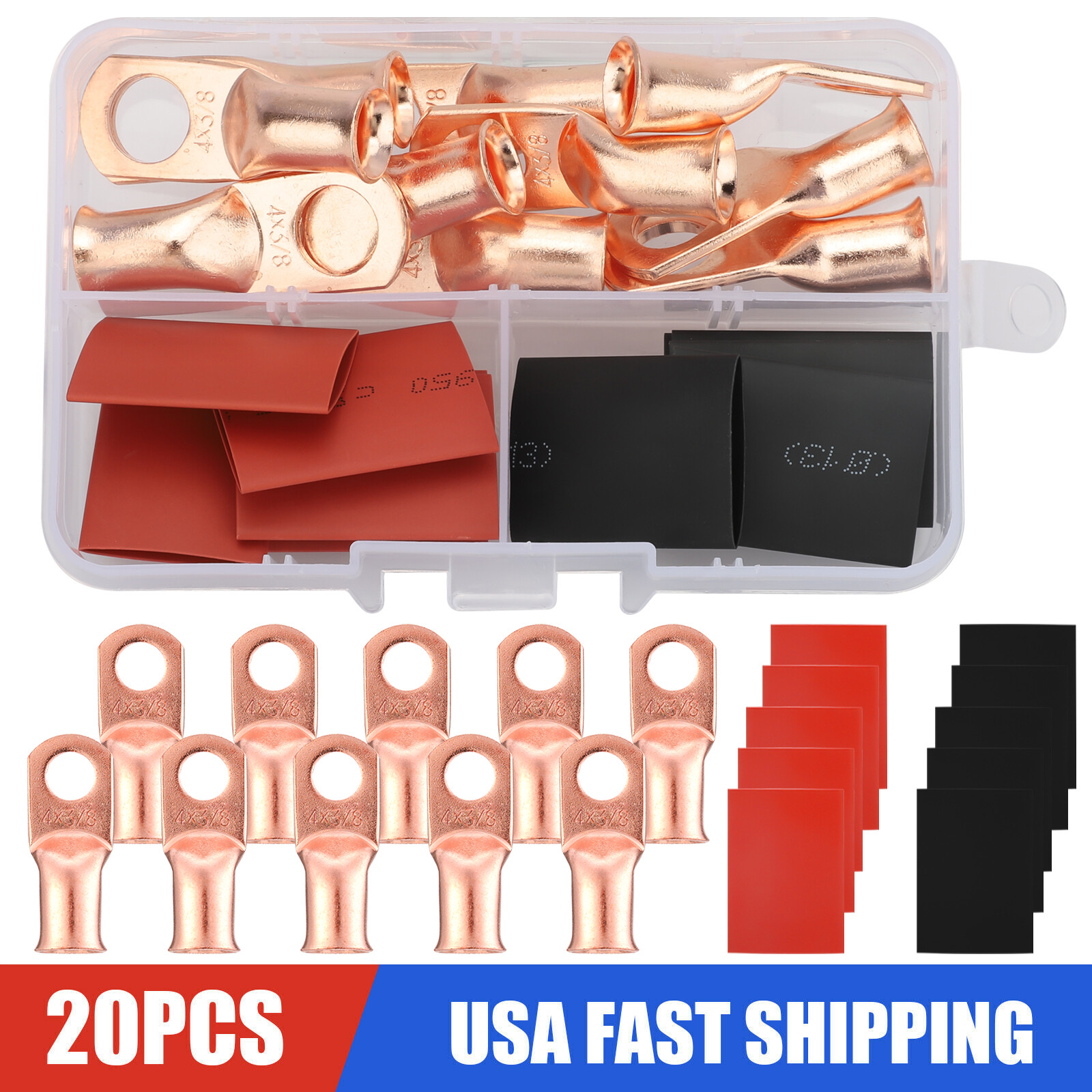 20x Copper Lug 4 AWG 3/8″ w/ Red & Black Heat Shrink Ring Terminal Battery Wire
