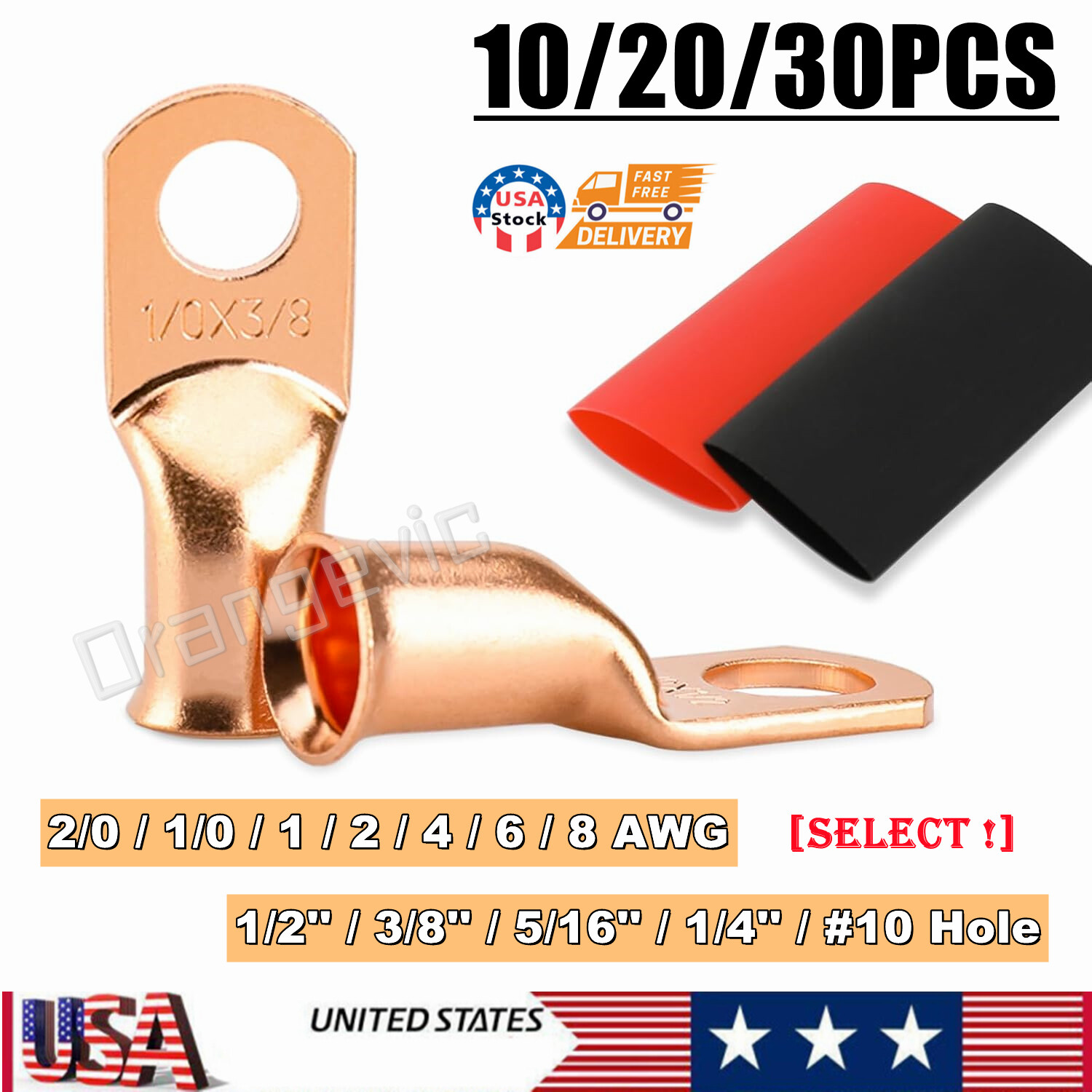 10/30Pcs Bare Copper Battery Lugs 1/0 – 8AWG Cable Ring Terminal Wire Connectors