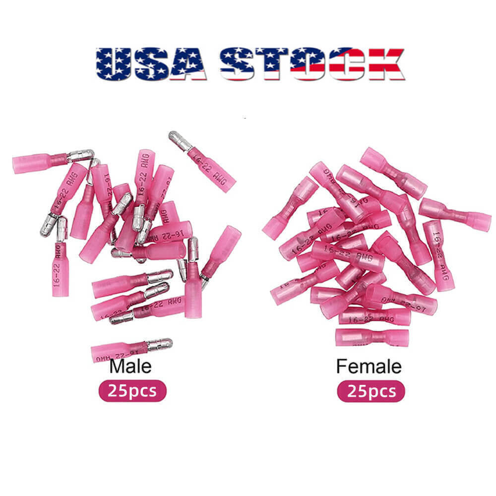 US Red Heat Shrink Bullet Wire Connectors 22-16 AWG Female Male Crimp Terminals