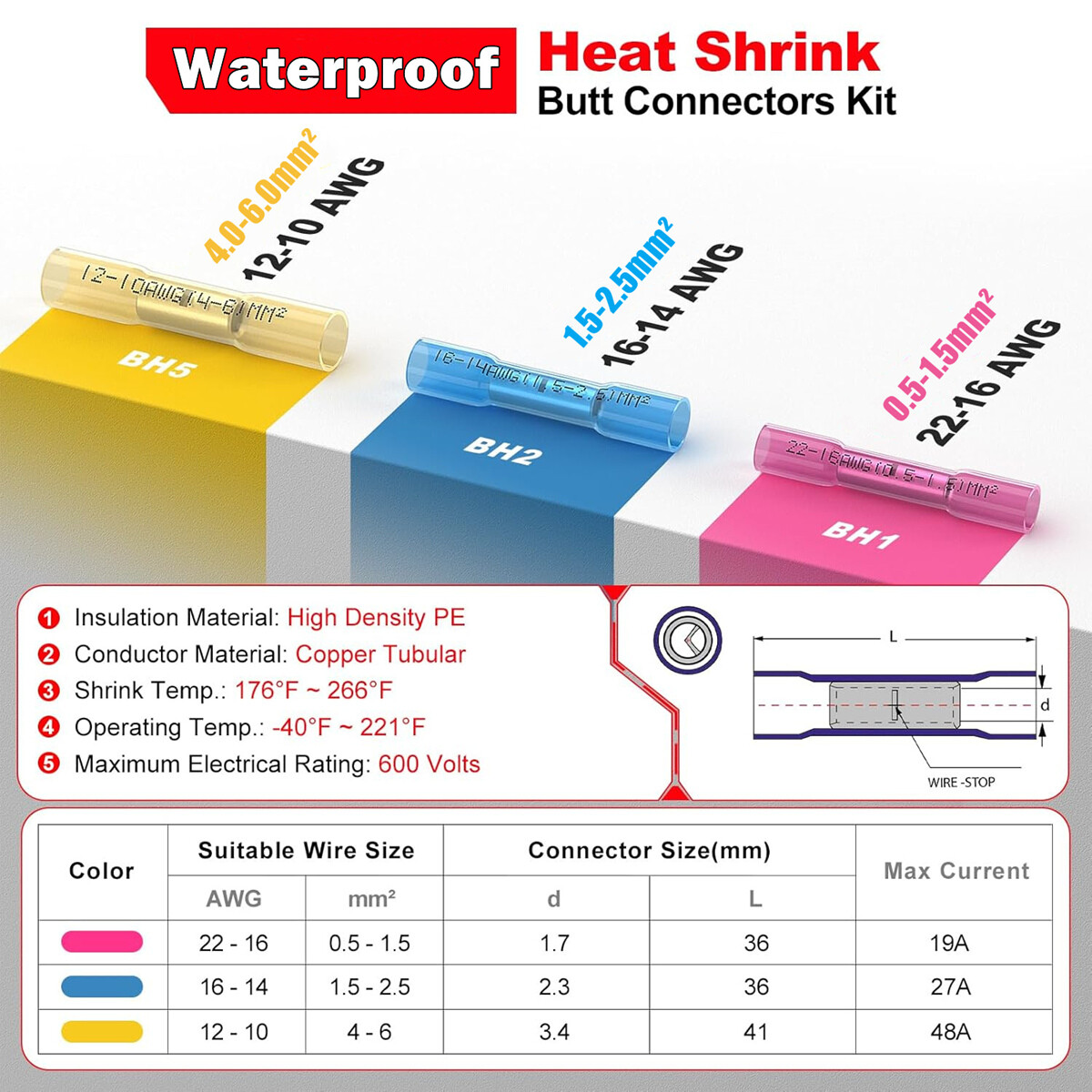 400/200pcs Waterproof Heat Shrink Crimp Terminals Insulated Butt Wire Connectors