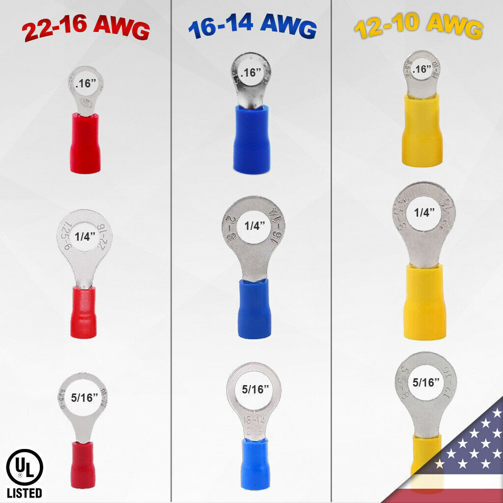 22-10AWG Insulated Ring Electrical Wire Connectors Splice Spade Crimp Terminals