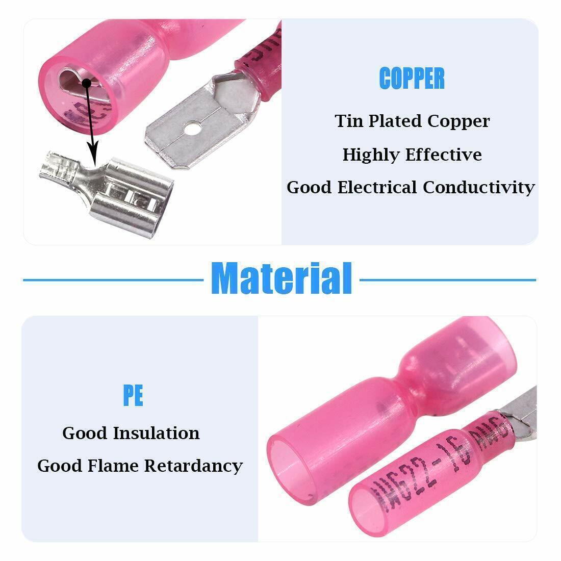 Red 100Pcs Heat Shrink Spade Female Male Wire 22-16AWG Connector Crimp Terminals