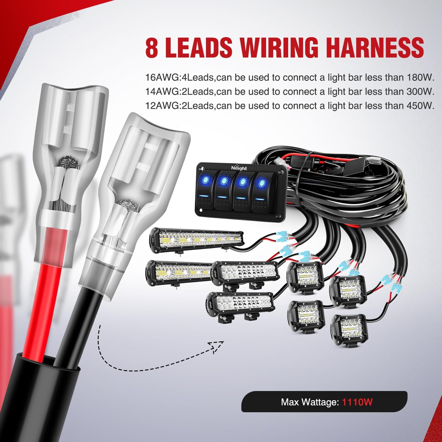 16AWG 14AWG 12AWG LED Light Bar Wiring Harness Kit – 8 Leads | 12V On/Off 4 Gang