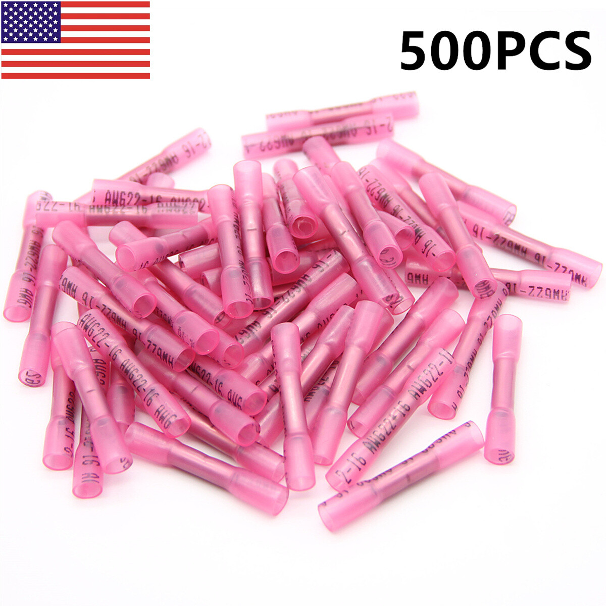 500Pcs Red AWG Heat Shrink Butt Wire Connectors Crimp Terminals 16-22 Gauge US