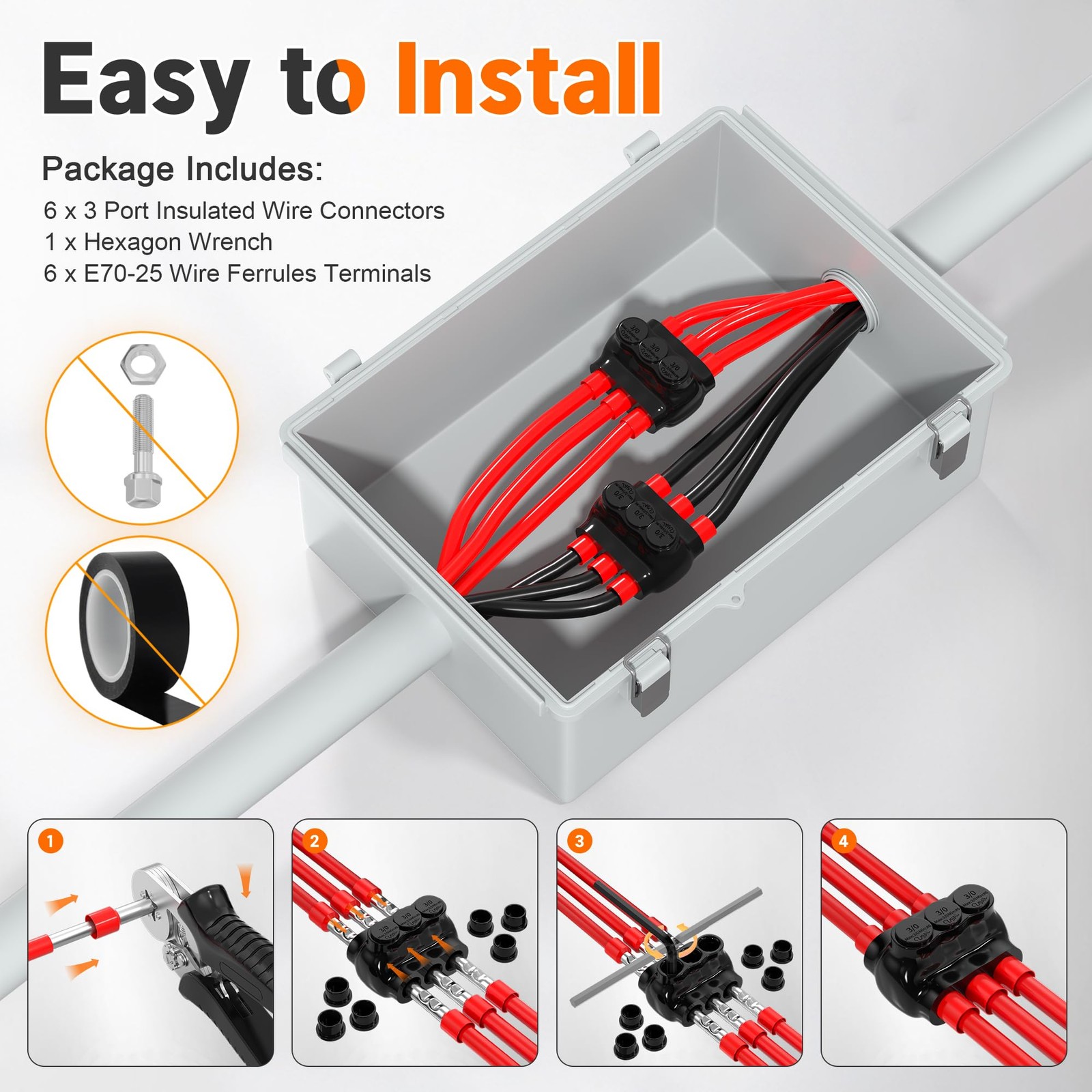 Joinfworld 3 Port Insulated Multi Tap Connector 3/0-6 Gauge Wire Connectors A…
