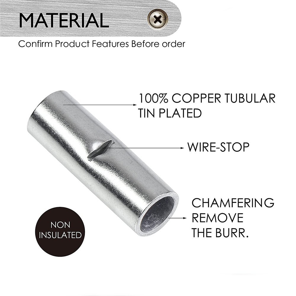 100× Non-Insulated Bare Copper Wire Butt Splice Connector Ferrule Crimp Terminal