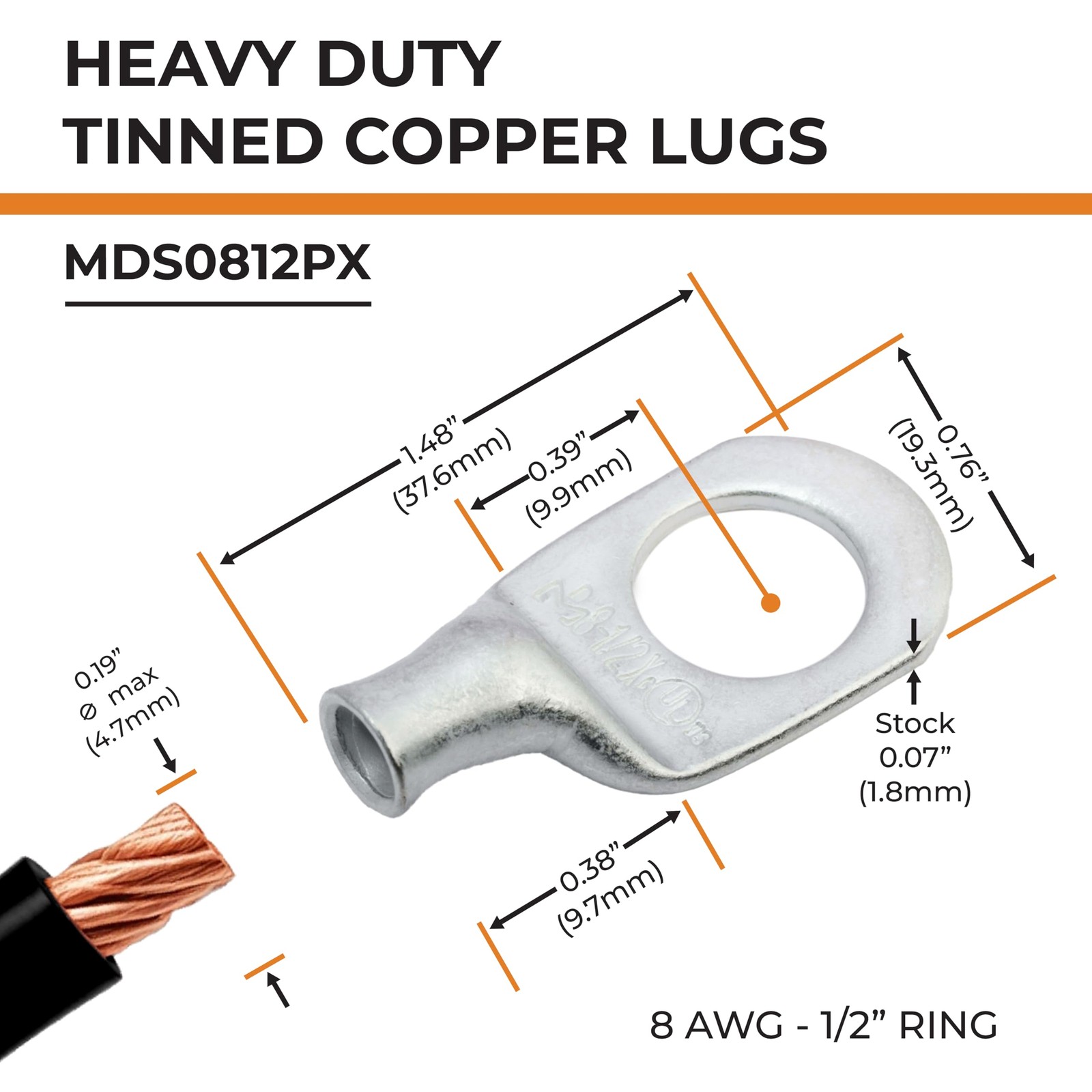 25pcs 8 AWG 1/2″ Stud Marine Grade Tinned Copper Battery Cable Lugs, 8 Gauge …