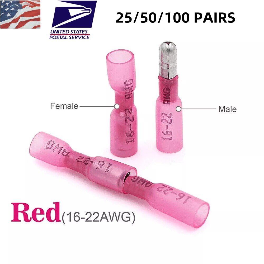 Red 22-16AWG Waterproof Heat Shrink Bullet Male Female Crimp Terminals Connector