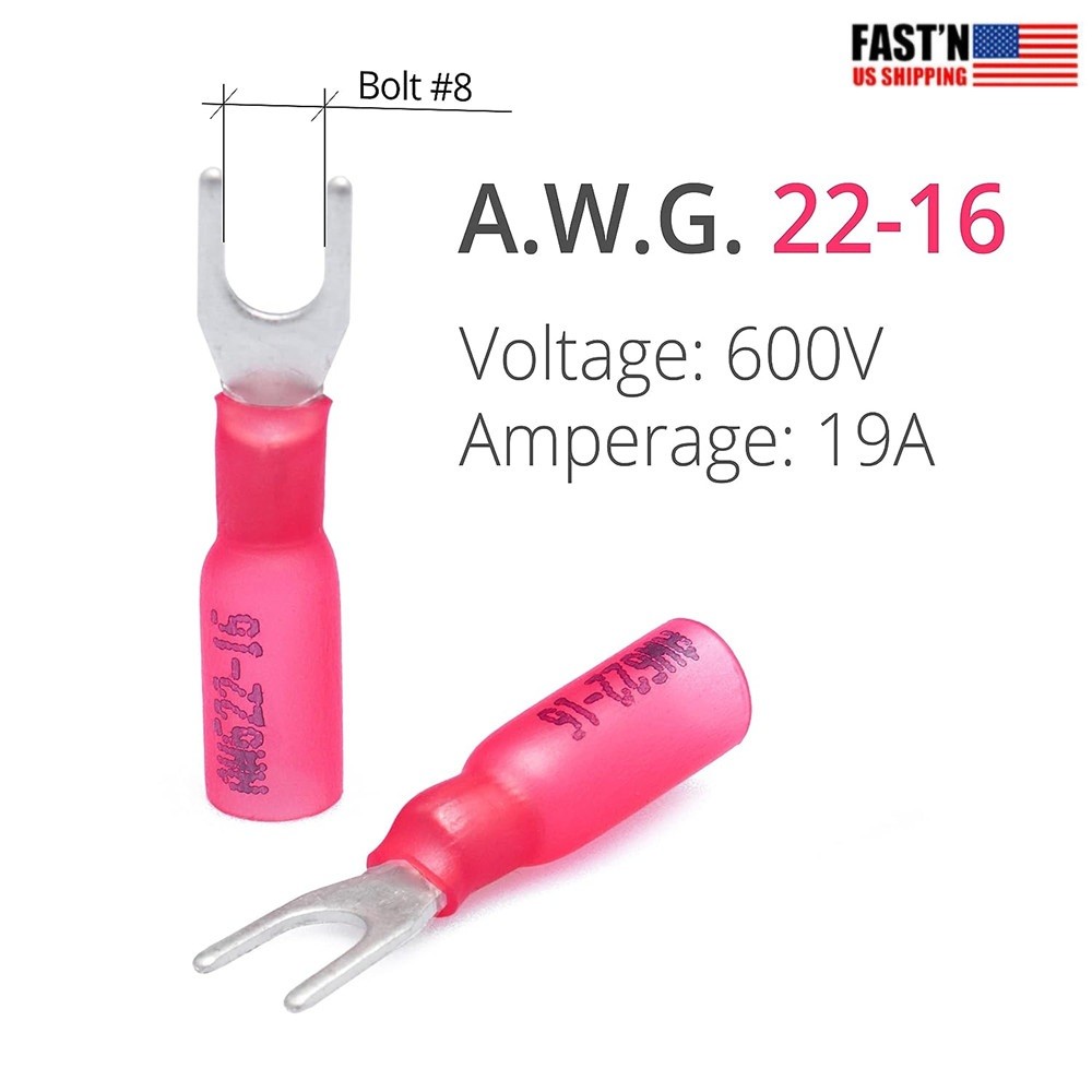 50/100X Heat Shrink Fork Connectors #8 Stud Crimp Fork Terminals Red 22-16AWG