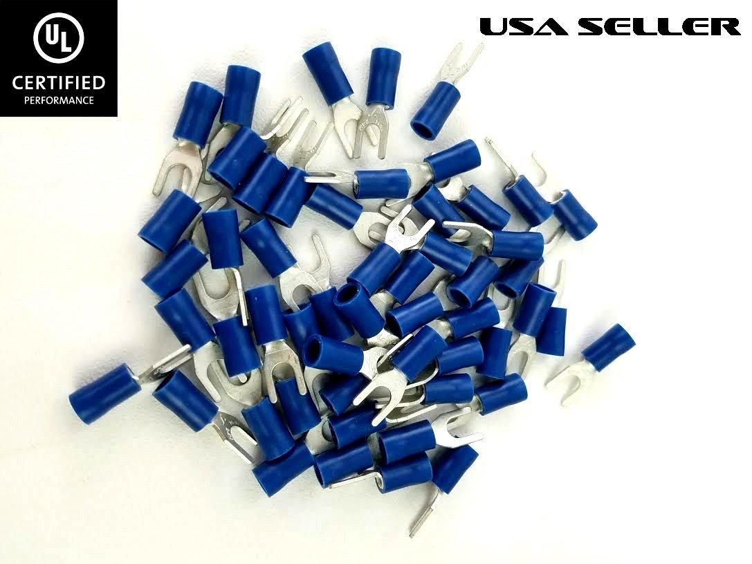 100) BLUE 16-14 GA GAUGE NYLON SPADE FORK WIRE TIN COPPER TERMINALS #8 STUD SIZE