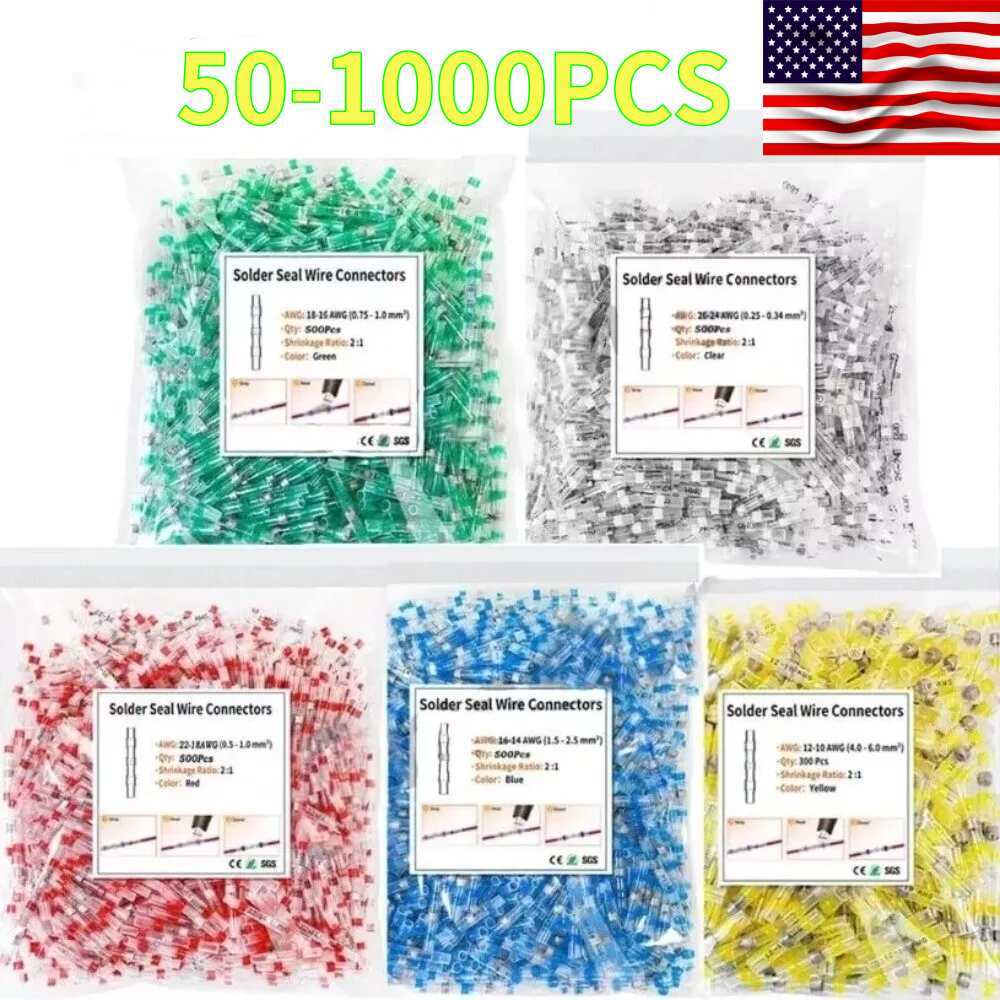 1000-50 Solder Seal Sleeve Heat Shrink Butt Wire Connectors Terminals Waterproof