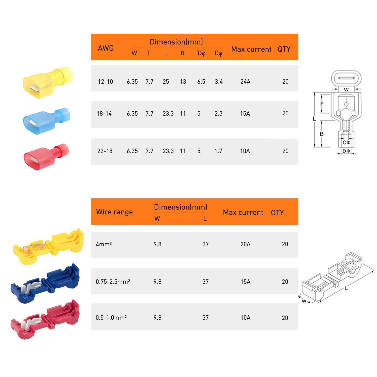 – 50004R 120 Pcs/60 Pairs Quick Splice Wire Terminals T-Tap Self-Stripping with