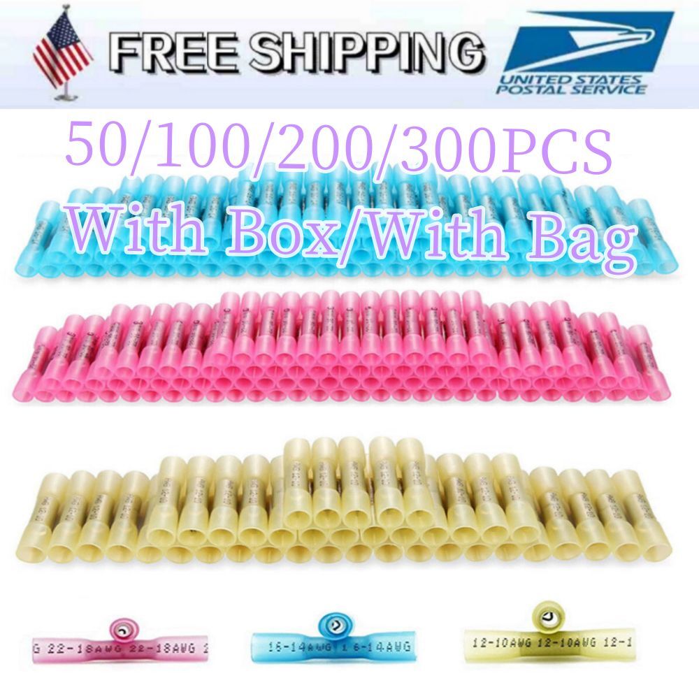 200/300pcs 22-10AWG Heat Shrink Butt Wire Splice Connectors Seal Crimp Terminals