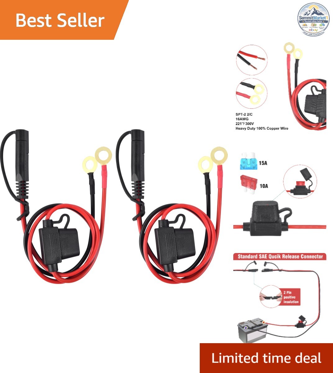 SAE Battery Connector O Ring Terminal Harness 2FT Quick Disconnect