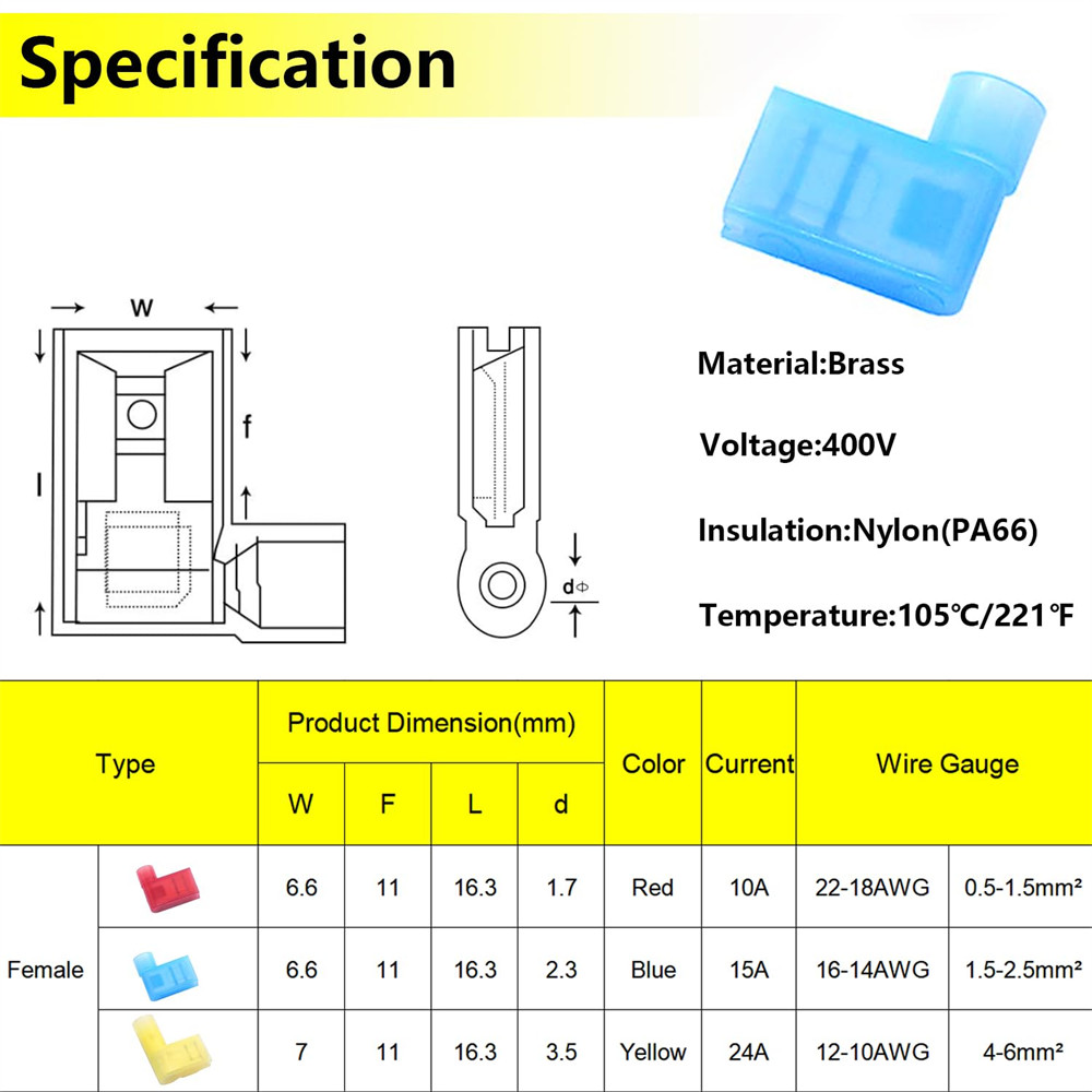 90 Degree Nylon Flag Spade Terminals Female Insulated Crimp 16-14 AWG Connectors