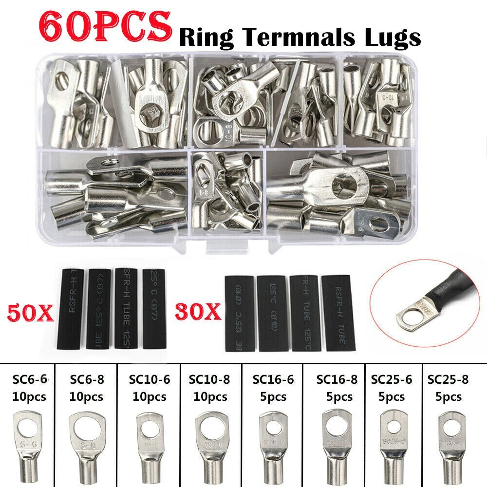 140Pcs Copper Lugs Ring Terminals Bare Battery Welding Crimp Wire Connectors Kit
