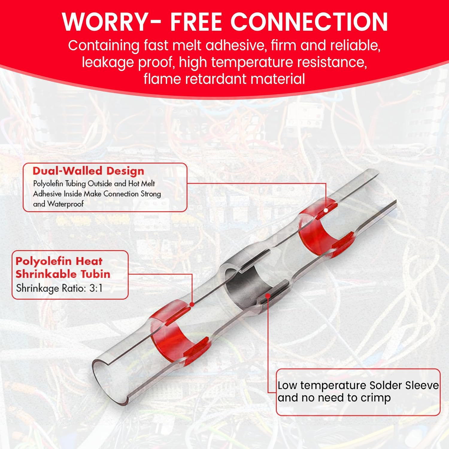 130 PCS Red Heat Shrink Butt Connectors,22-18 AWG, Self Soldering Butt