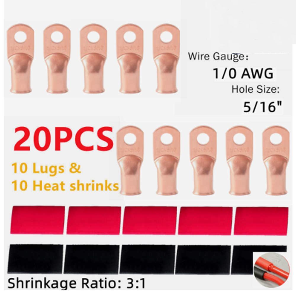 (10) 1/0AWG Gauge Copper Ring Terminals 5/16″ RED/BLACK Heat Shrink Tubing LUGS