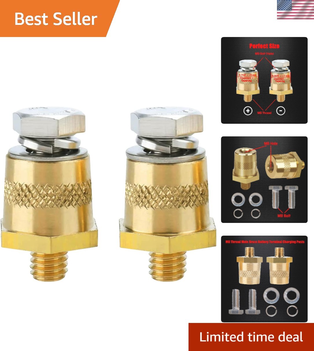 Durable M8 Thread Brass Battery Terminal Charging Posts with M8 Bolts – 2 Pack