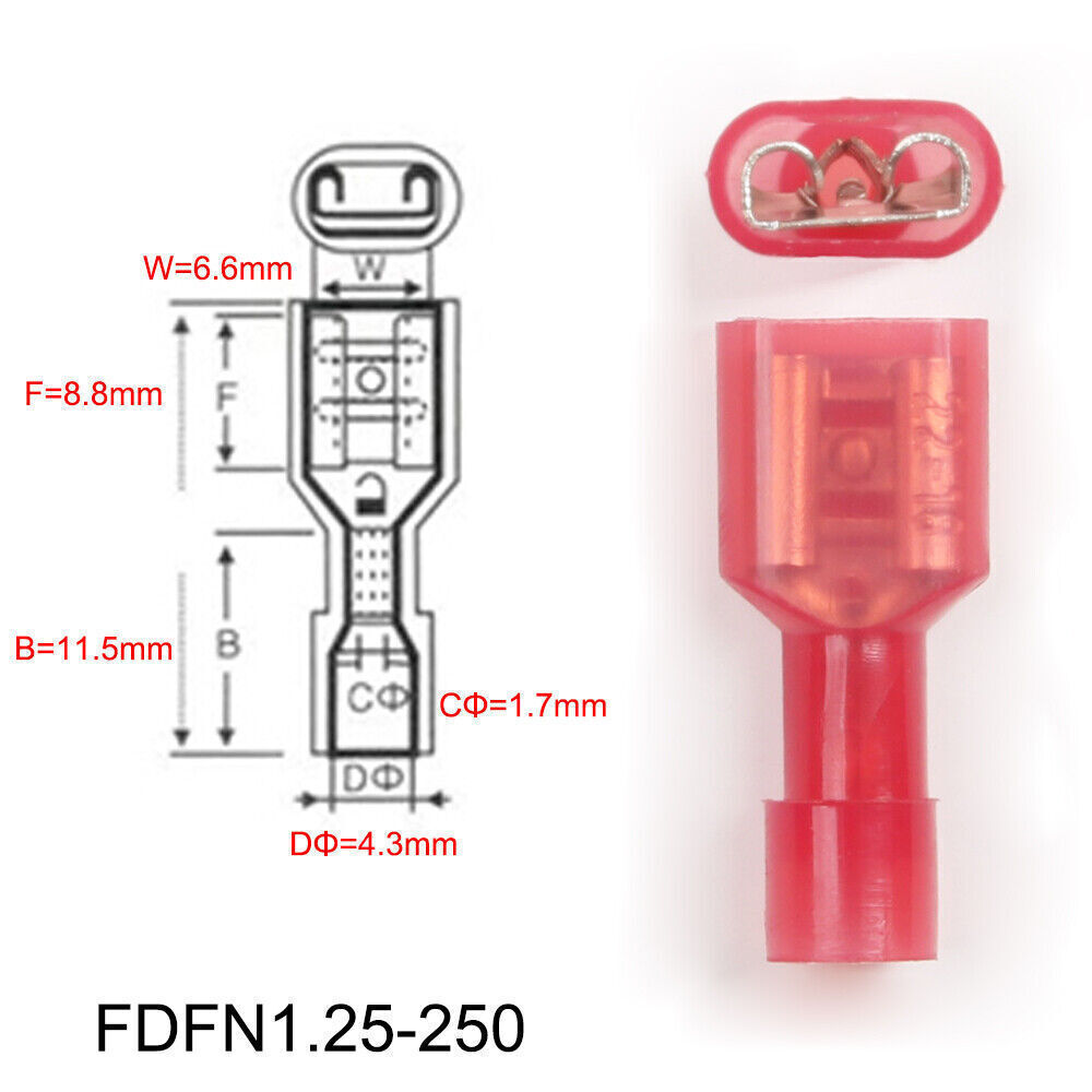 22-16AWG Gauge Nylon Insulated Spade Connector Terminals Wire Crimp Female RED