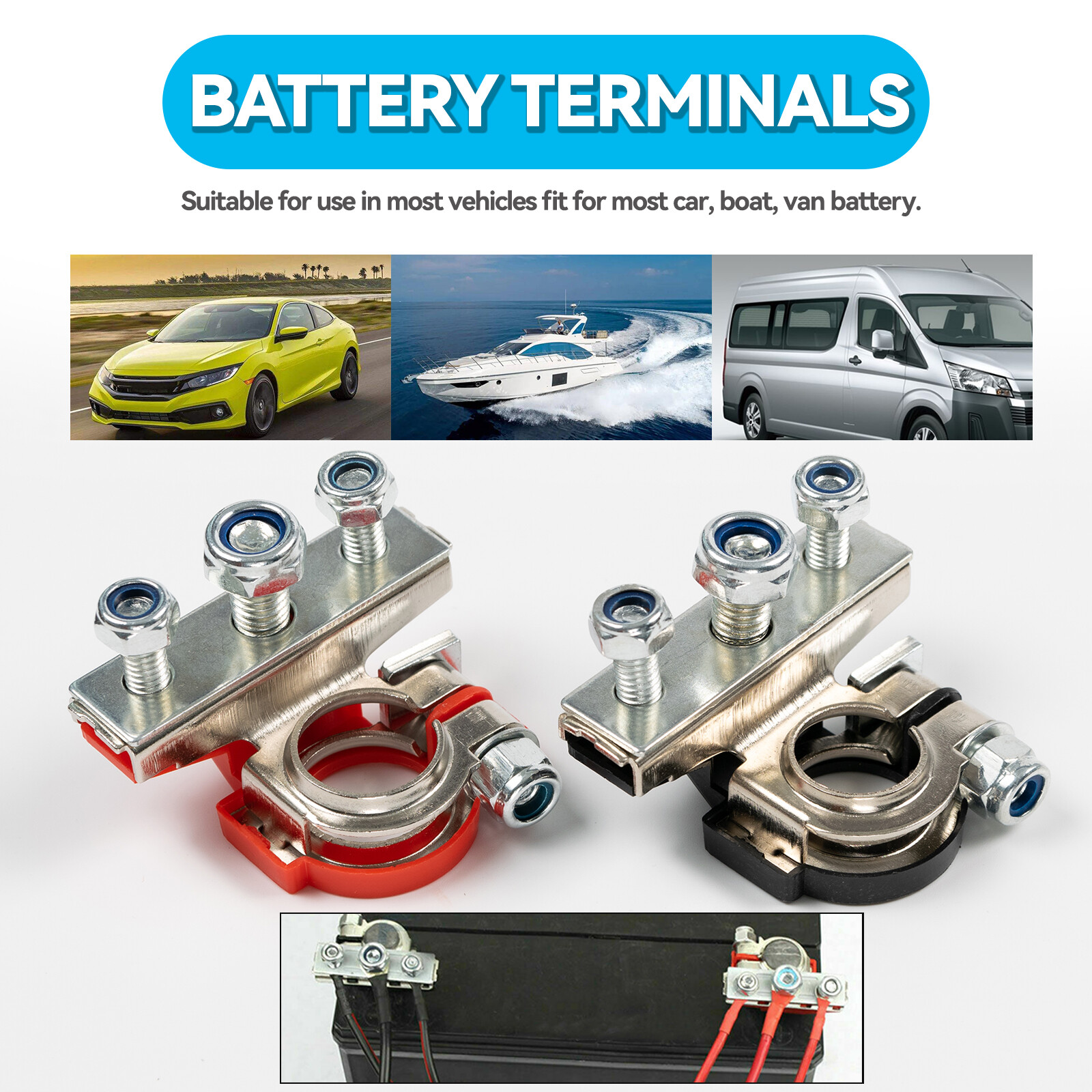 Car Marine Top Post Battery Fast Terminals Cable Connectors Clamps 12V 3 Way Kit