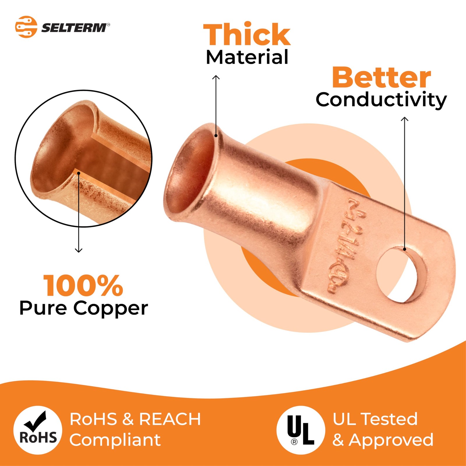 SELTERM 10pcs 2 AWG – 1/4″ Stud – 2 Awg – (M6) Ring, Bare Copper Lugs