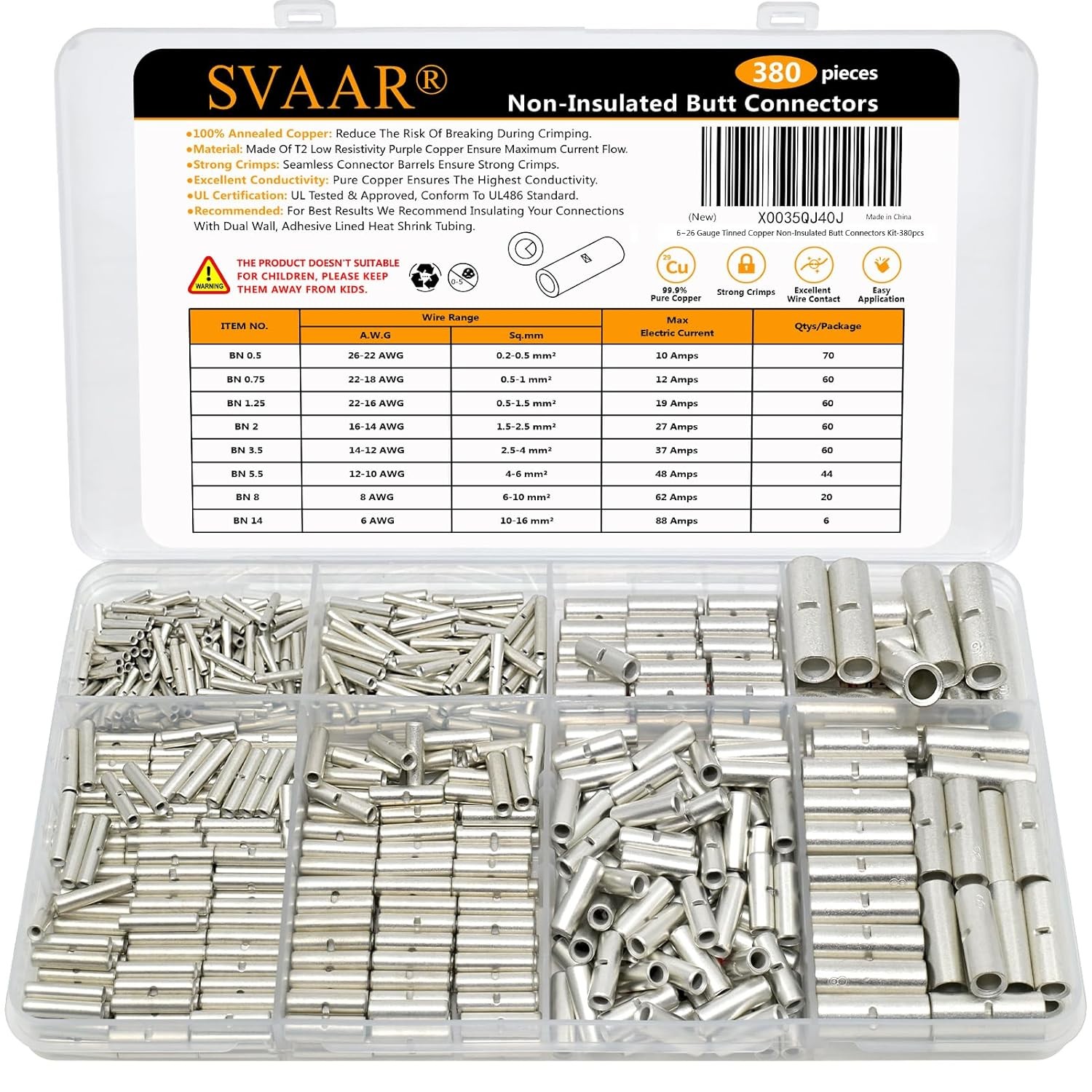 380PCS Non Insulated Butt Connectors Kit Butt Splice Connector Uninsulated Wire