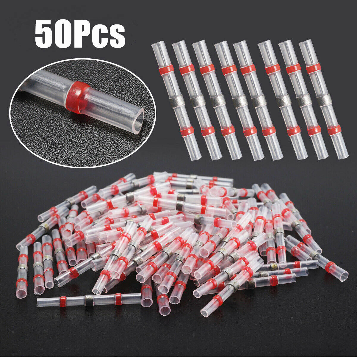 50/200PCS Solder Sleeve Heat Shrink Butt Wire Splice Connector 22-18GA Terminals