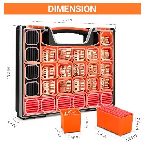 Battery Cable Ends Kit 220 Pieces Copper Wire Lugs AWG 2/0 1/0 1 2 4 6 8 Gauge