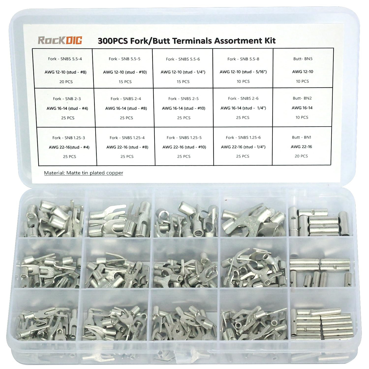 300Pcs AWG 22-16 16-14 12-10 Non-Insulated Butted Seam Block Fork Terminal