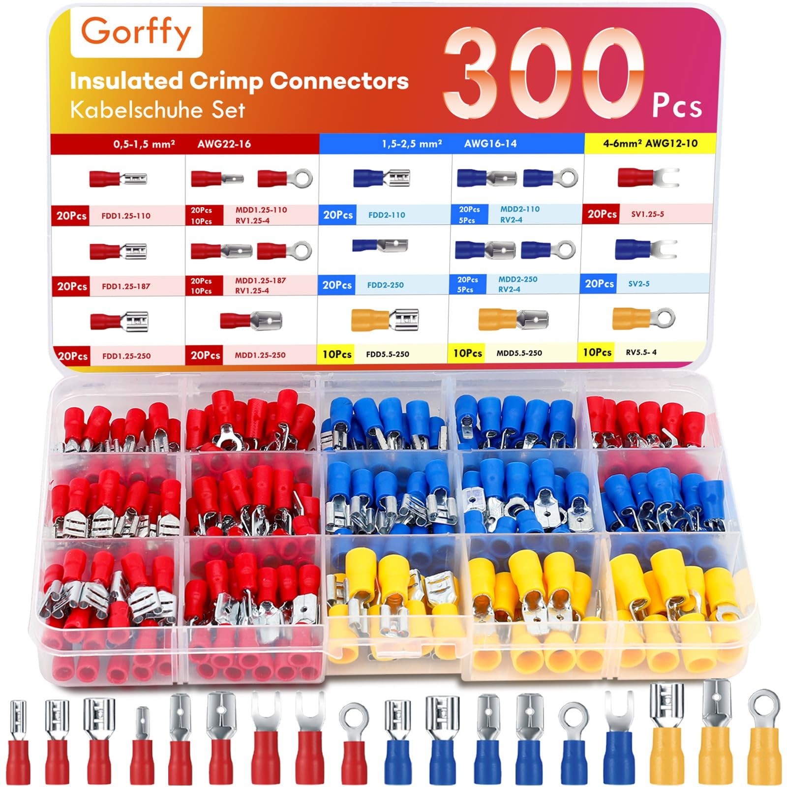 Wire Connectors Kit 300PCS Male and Female Spade 17 Types