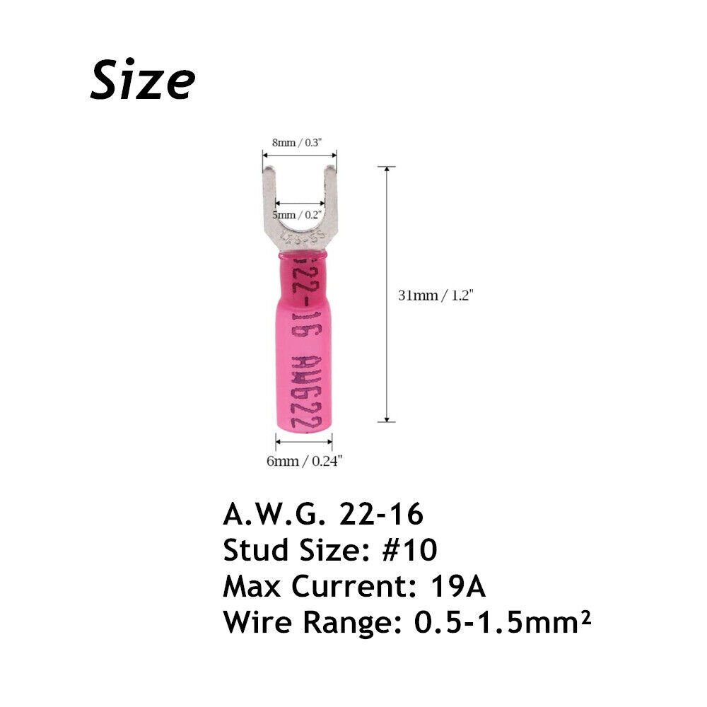Heat Shrink Fork Crimp Connectors AWG22-10 Electrical Wire Terminals #10 Stud